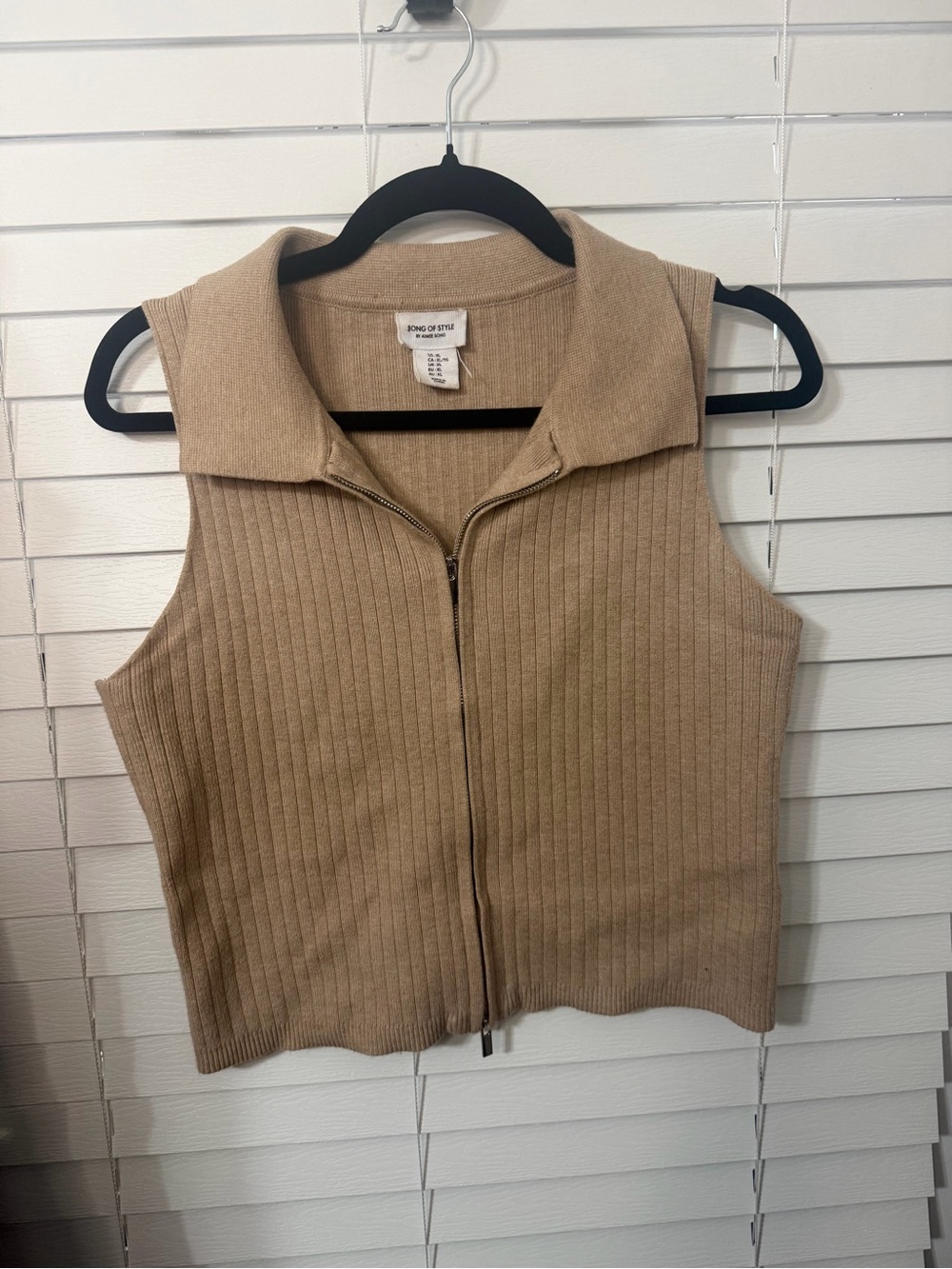 Song of Style Beige Ribbed Zip Front Top